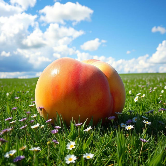 A gigantic, perfectly ripe peach resting on a lush green meadow, basking in the warm sunlight