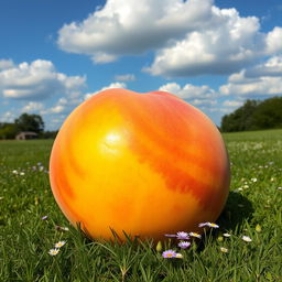 A gigantic, perfectly ripe peach resting on a lush green meadow, basking in the warm sunlight