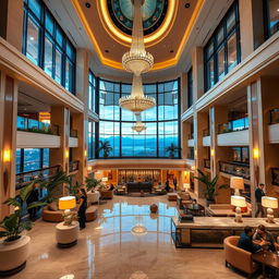 A luxurious hotel interior featuring an elegant lobby with high ceilings and exquisite decor
