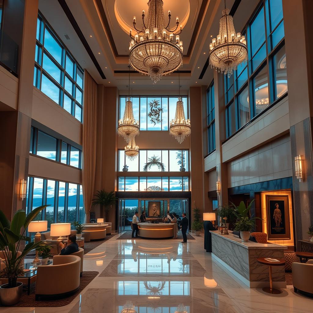 A luxurious hotel interior featuring an elegant lobby with high ceilings and exquisite decor