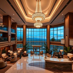A luxurious hotel interior featuring an elegant lobby with high ceilings and exquisite decor