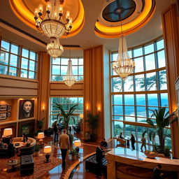 A luxurious hotel interior featuring an elegant lobby with high ceilings and exquisite decor