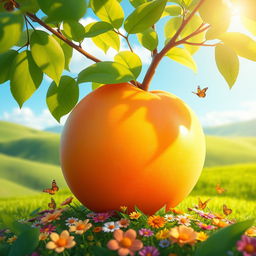 A whimsical giant peach in a lush green landscape, with soft sunlight filtering through the leaves