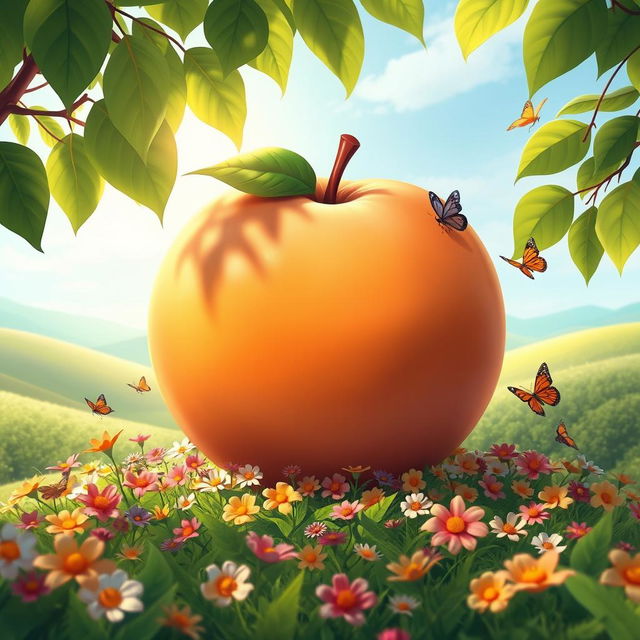 A whimsical giant peach in a lush green landscape, with soft sunlight filtering through the leaves