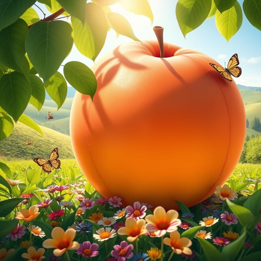 A whimsical giant peach in a lush green landscape, with soft sunlight filtering through the leaves