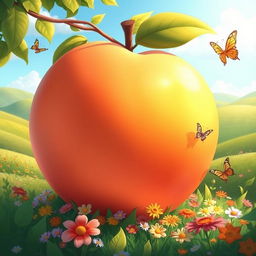 A whimsical giant peach in a lush green landscape, with soft sunlight filtering through the leaves