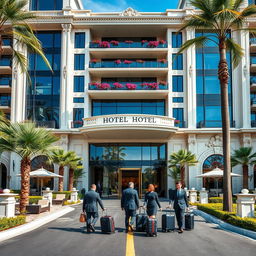 A front view of a stunning luxury hotel, showcasing its grand architectural design