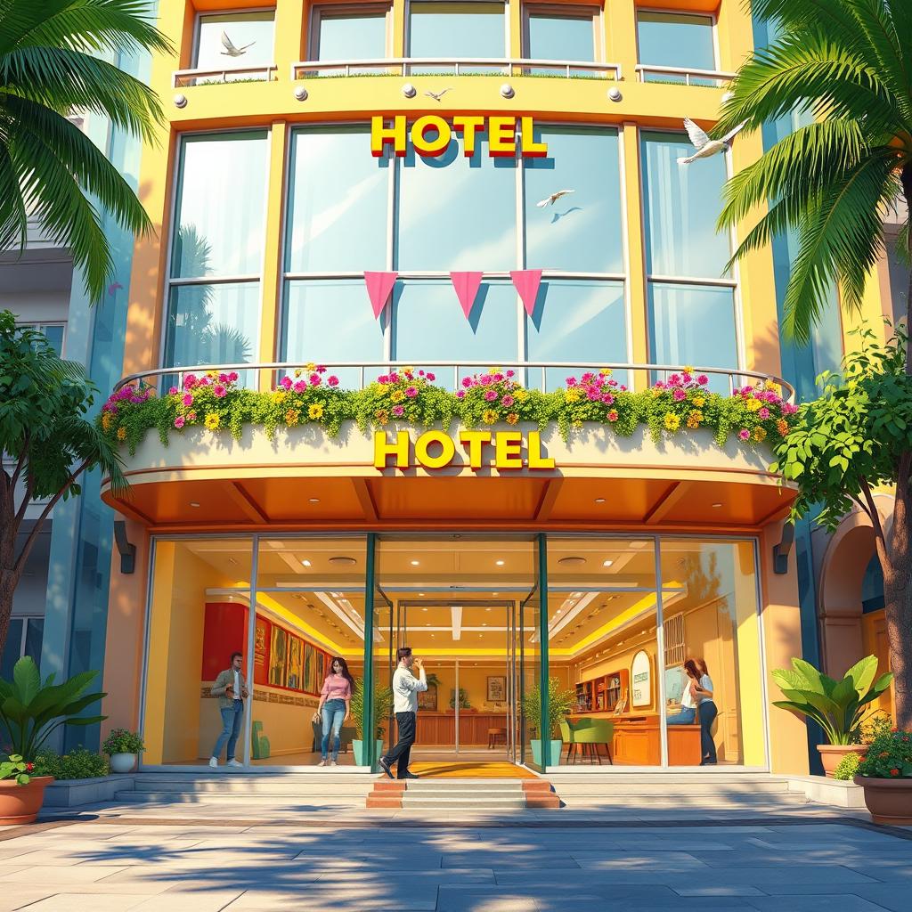 An animated front view of a vibrant luxury hotel, showcasing its cheerful and inviting architectural design