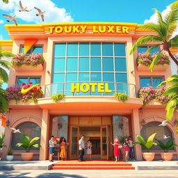 An animated front view of a vibrant luxury hotel, showcasing its cheerful and inviting architectural design