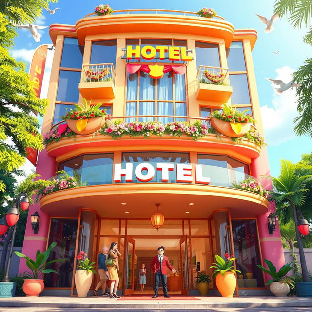 An animated front view of a vibrant luxury hotel, showcasing its cheerful and inviting architectural design