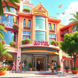 An animated front view of a vibrant luxury hotel, showcasing its cheerful and inviting architectural design