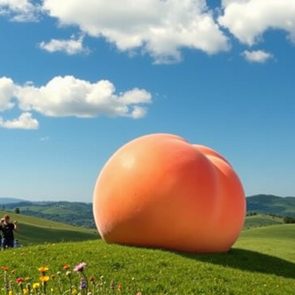 A giant peach sitting on a lush green hill, under a clear blue sky with fluffy clouds