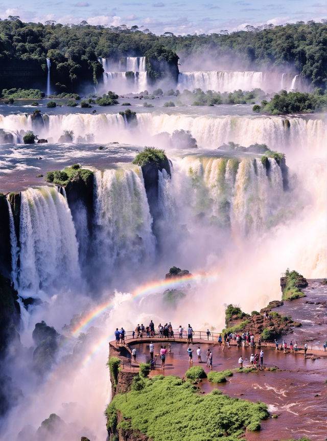 A high-resolution photograph of the breathtaking Iguazú Falls during the day, featuring a vibrant blue waterfall, lush green rainforest, a rainbow, and a viewing platform filled with tourists