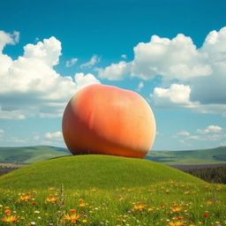 A giant peach sitting on a lush green hill, under a clear blue sky with fluffy clouds