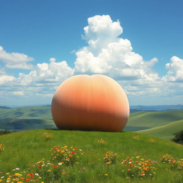 A giant peach sitting on a lush green hill, under a clear blue sky with fluffy clouds