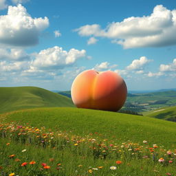 A giant peach sitting on a lush green hill, under a clear blue sky with fluffy clouds