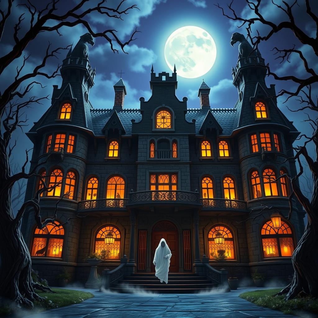 An animated front view of a spooky, haunted hotel, showcasing its eerie and gothic architectural design