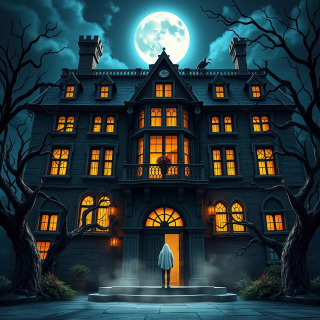 An animated front view of a spooky, haunted hotel, showcasing its eerie and gothic architectural design