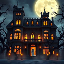 An animated front view of a spooky, haunted hotel, showcasing its eerie and gothic architectural design