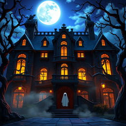 An animated front view of a spooky, haunted hotel, showcasing its eerie and gothic architectural design