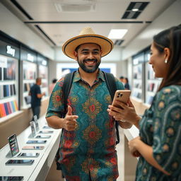 A cholo serrano man with distinct traditional attire, including a colorful patterned shirt and wide-brimmed hat, strolling through a modern electronics store, excitedly purchasing the latest iPhone 15
