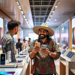 A cholo serrano man with distinct traditional attire, including a colorful patterned shirt and wide-brimmed hat, strolling through a modern electronics store, excitedly purchasing the latest iPhone 15