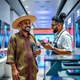 A cholo serrano man with distinct traditional attire, including a colorful patterned shirt and wide-brimmed hat, strolling through a modern electronics store, excitedly purchasing the latest iPhone 15