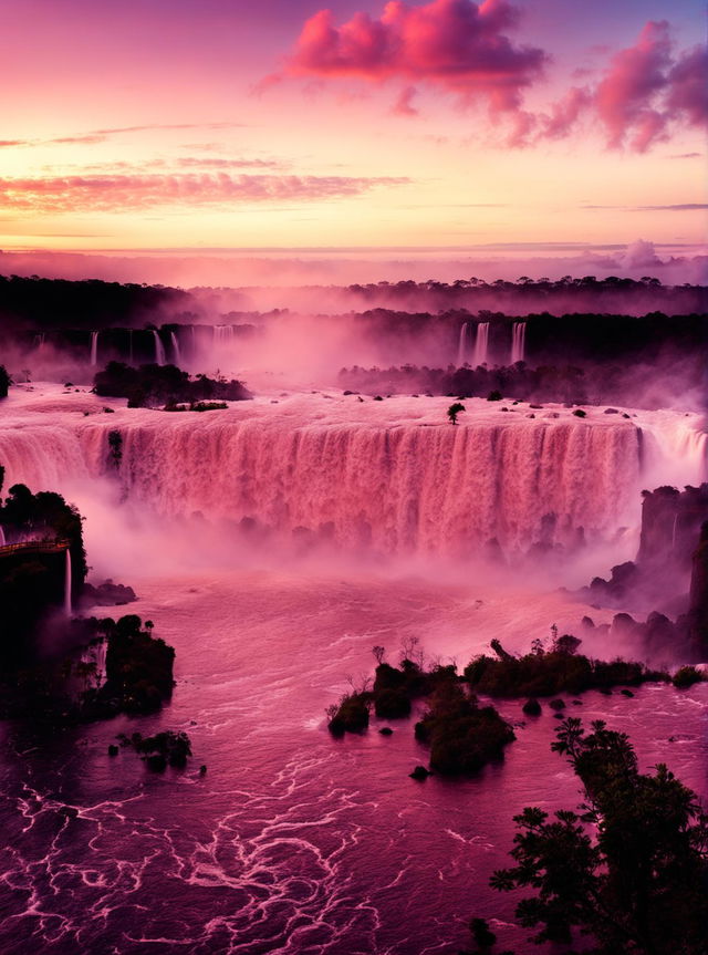 A landscape photograph of the Iguazú Falls at dawn, featuring the cascading waterfall illuminated by the soft, golden light of the sunrise, an ethereal mist, and an empty viewing platform