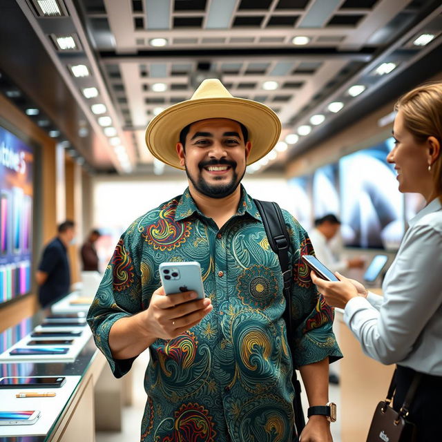 A cholo serrano man with distinct traditional attire, including a colorful patterned shirt and wide-brimmed hat, strolling through a modern electronics store, excitedly purchasing the latest iPhone 15