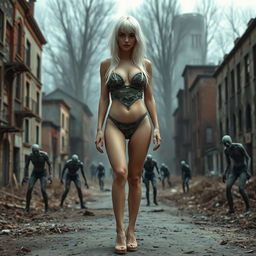 A 22-year-old thin girl with round silicone breasts and striking white hair, depicted in a full body view