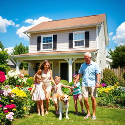 A happy family smiling together in the garden of their new home, enjoying a sunny day