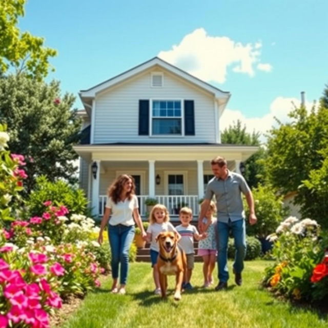 A happy family smiling together in the garden of their new home, enjoying a sunny day