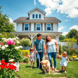 A happy family smiling together in the garden of their new home, enjoying a sunny day