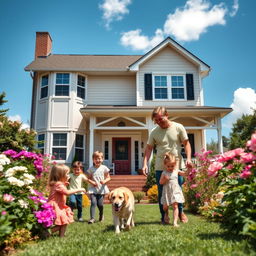 A happy family smiling together in the garden of their new home, enjoying a sunny day
