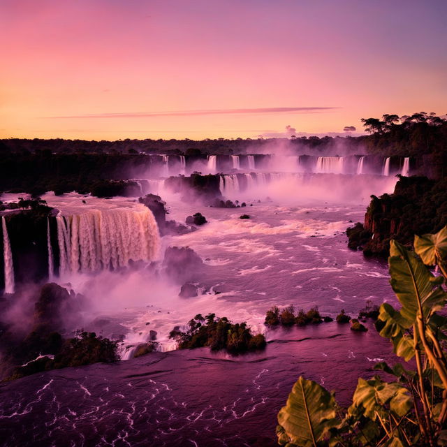 A high-definition landscape photograph of the Iguazú Falls at dawn, showcasing the falls, the surrounding rainforest, and the viewing platform, all bathed in the soft, warm glow of the rising sun