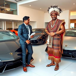 An indigenous man dressed in traditional attire, adorned with intricate patterns and accessories, confidently purchasing a sleek, luxury Lamborghini at an upscale car dealership