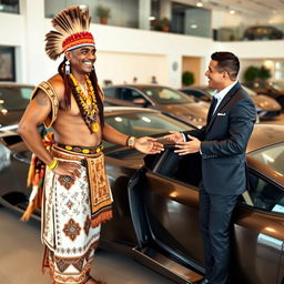 An indigenous man dressed in traditional attire, adorned with intricate patterns and accessories, confidently purchasing a sleek, luxury Lamborghini at an upscale car dealership
