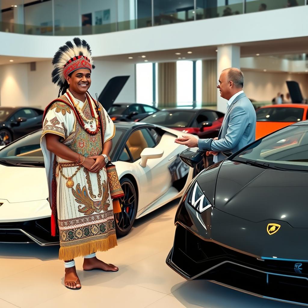 An indigenous man dressed in traditional attire, adorned with intricate patterns and accessories, confidently purchasing a sleek, luxury Lamborghini at an upscale car dealership