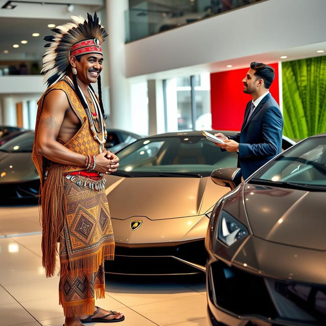 An indigenous man dressed in traditional attire, adorned with intricate patterns and accessories, confidently purchasing a sleek, luxury Lamborghini at an upscale car dealership