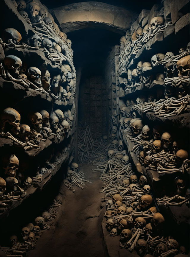 A high-resolution, digitally rendered image of the Paris Catacombs, featuring intricate details of the limestone tunnels lined with human skulls and bones