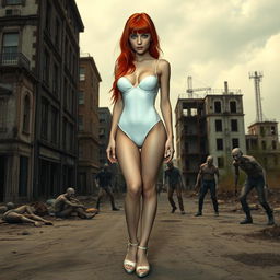 A 22-year-old thin girl with round silicone breasts and vibrant red hair, depicted in a full body view