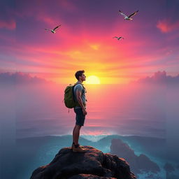 Create an inspiring scene of a person standing at the edge of a cliff, gazing towards a vast sunrise with vibrant colors painting the sky in hues of orange, pink, and purple, symbolizing new beginnings