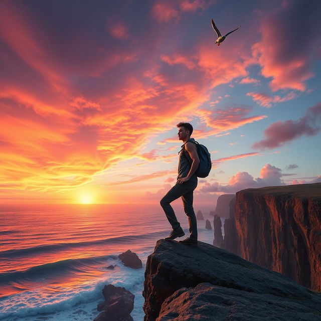 Create an inspiring scene of a person standing at the edge of a cliff, gazing towards a vast sunrise with vibrant colors painting the sky in hues of orange, pink, and purple, symbolizing new beginnings