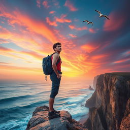 Create an inspiring scene of a person standing at the edge of a cliff, gazing towards a vast sunrise with vibrant colors painting the sky in hues of orange, pink, and purple, symbolizing new beginnings