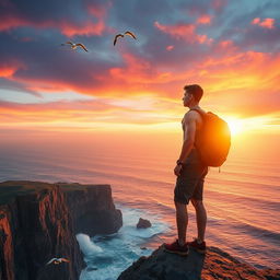 Create an inspiring scene of a person standing at the edge of a cliff, gazing towards a vast sunrise with vibrant colors painting the sky in hues of orange, pink, and purple, symbolizing new beginnings