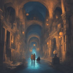 A Studio Ghibli-styled digital artwork of the futuristic discovery of the Paris Catacombs in 3003