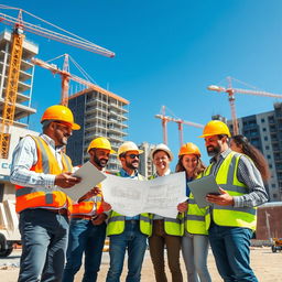 A bustling construction site showcasing a diverse group of architects and workers collaborating passionately