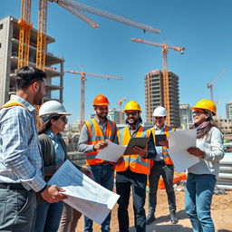 A bustling construction site showcasing a diverse group of architects and workers collaborating passionately