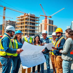 A bustling construction site showcasing a diverse group of architects and workers collaborating passionately