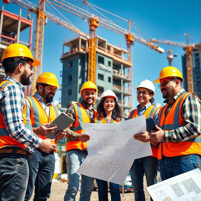 A bustling construction site showcasing a diverse group of architects and workers collaborating passionately